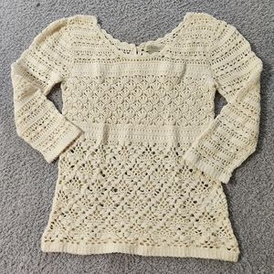 Lucky Brand Cream Open Weave Three Quarter Sleeve Cotton Sweater